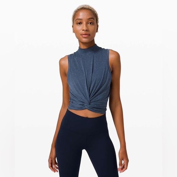 Lululemon Time to Restore Mock Neck Tie Tank | Size 4 Iron Blue / White - Picture 1 of 8